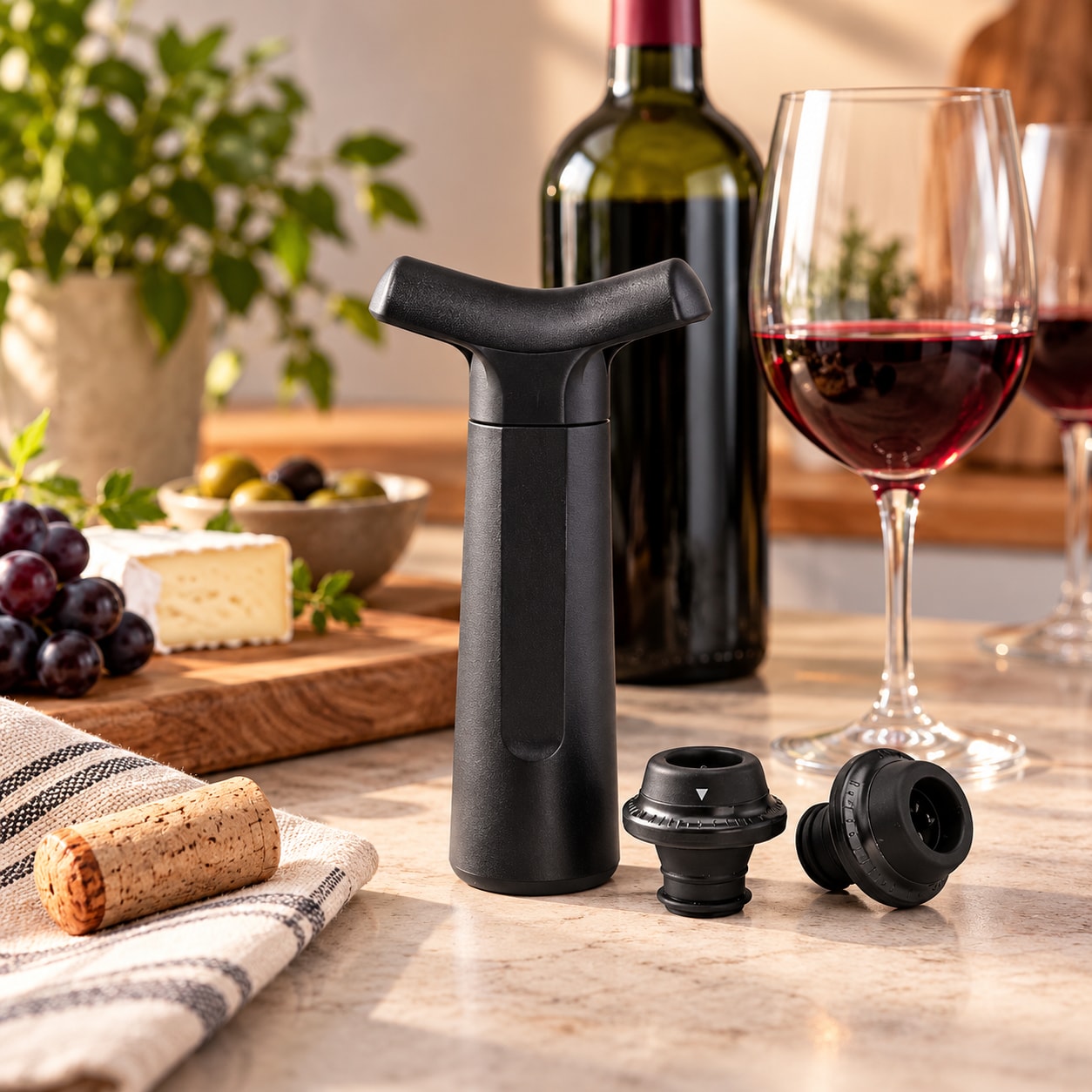Vinpumpe med 2 flaskepropper – Svart / Vakuumvinpumpe / Vinoppbevaringssett