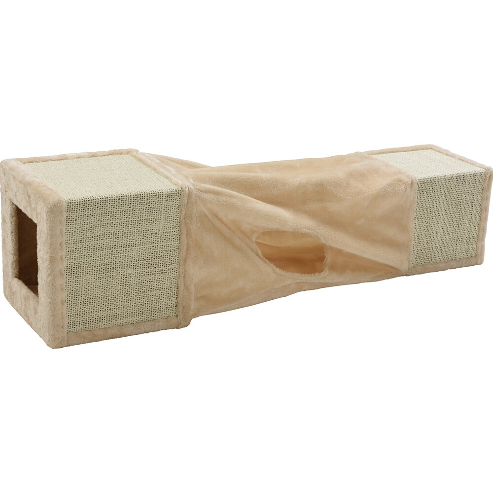Kattetunnel med klorebrett / leketunnel til katt 106 cm med 2 kloreflater – Beige