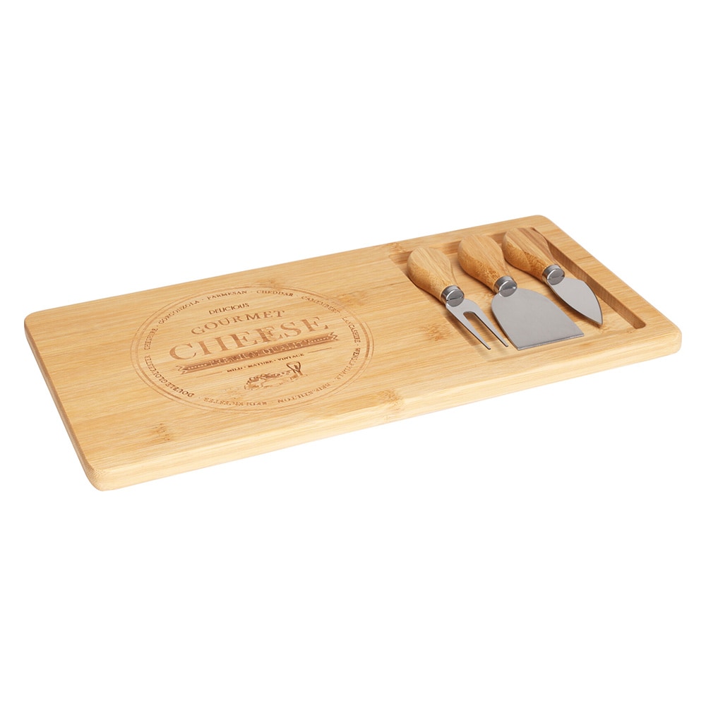 Ostebrett i bambus, 38 x 18,5 cm, med 3 ostekniver / Ostebrett med kniver / Osteserveringssett