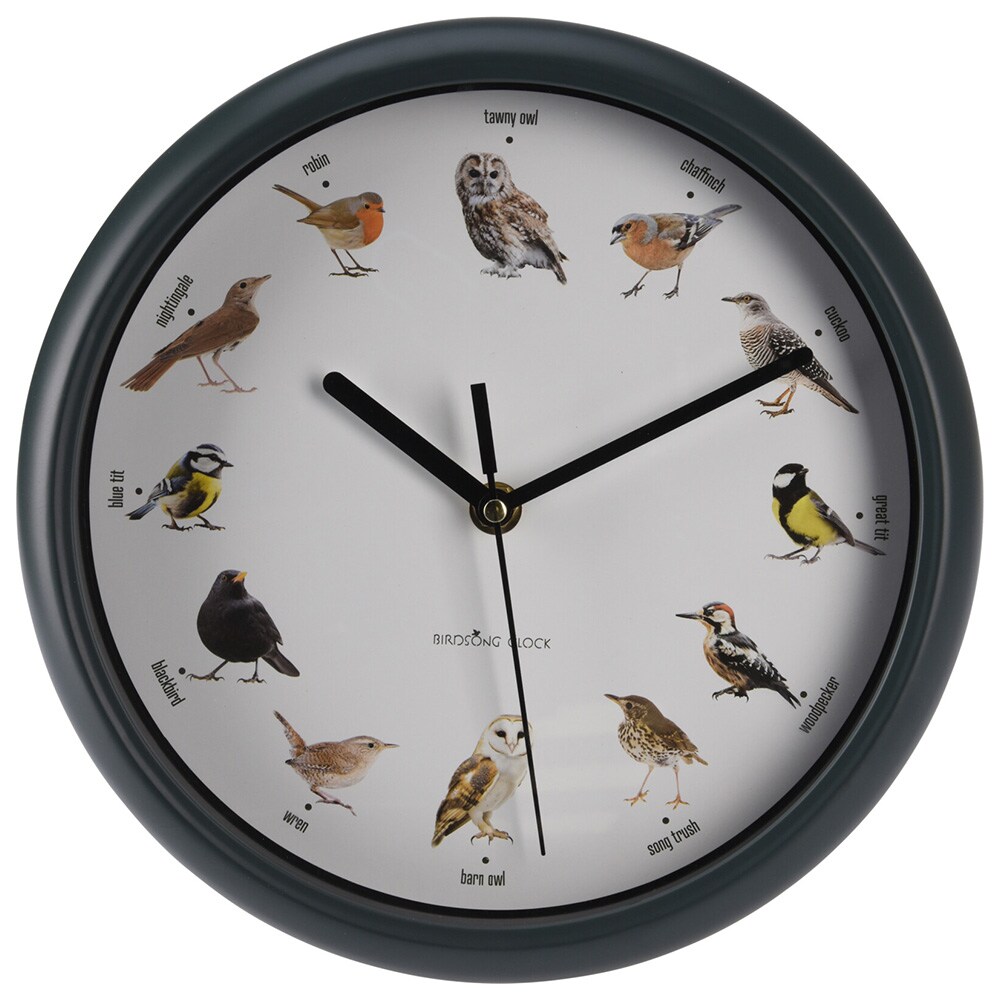 Veggklokke, Ø 25 cm, med fuglesang hver time – Grønn / Fugleklokke / Veggklokke med fuglesang