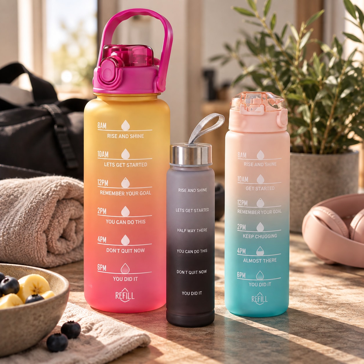 Vannflasker, 3-pakning – 270 ml, 650 ml og 1800 ml / Vannflaskesett / Drikkeflasker