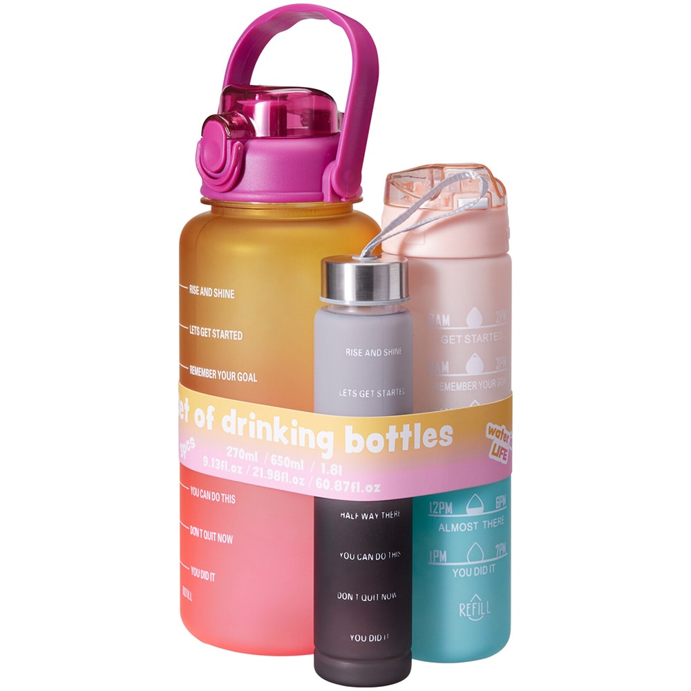 Vannflasker, 3-pakning – 270 ml, 650 ml og 1800 ml / Vannflaskesett / Drikkeflasker