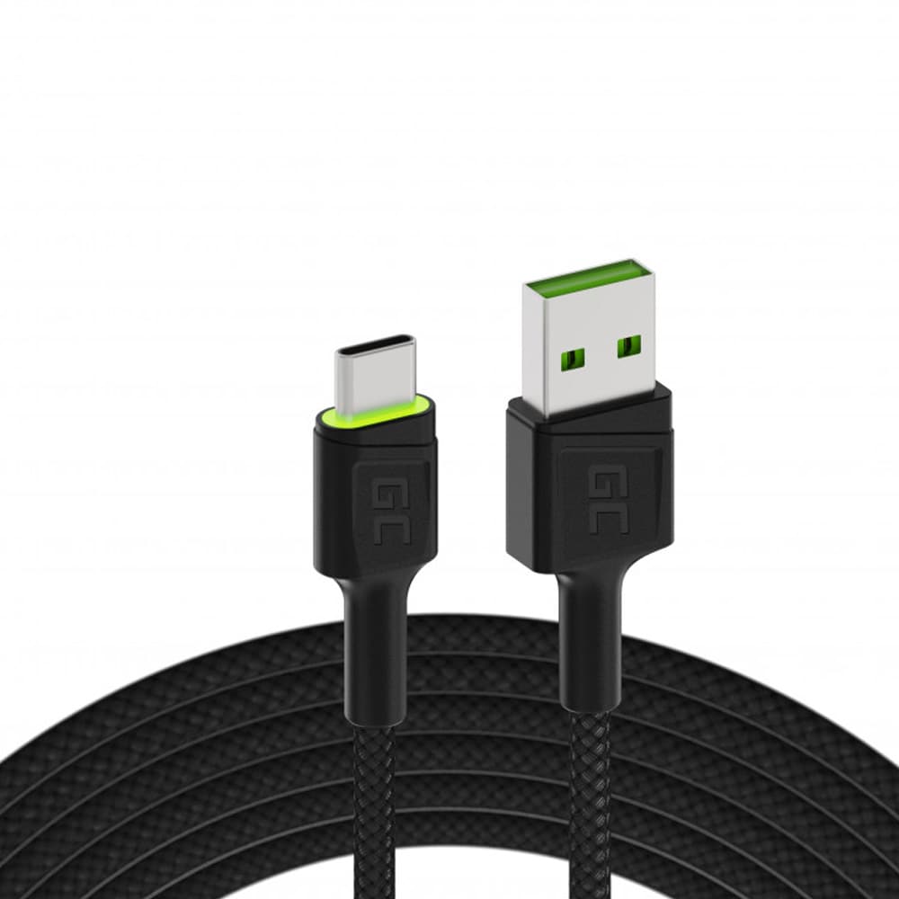 Green Cell USB-kabel, USB til USB-C med LED, 200 cm, QC3.0 / USB-C-ladekabel / USB-datakabel