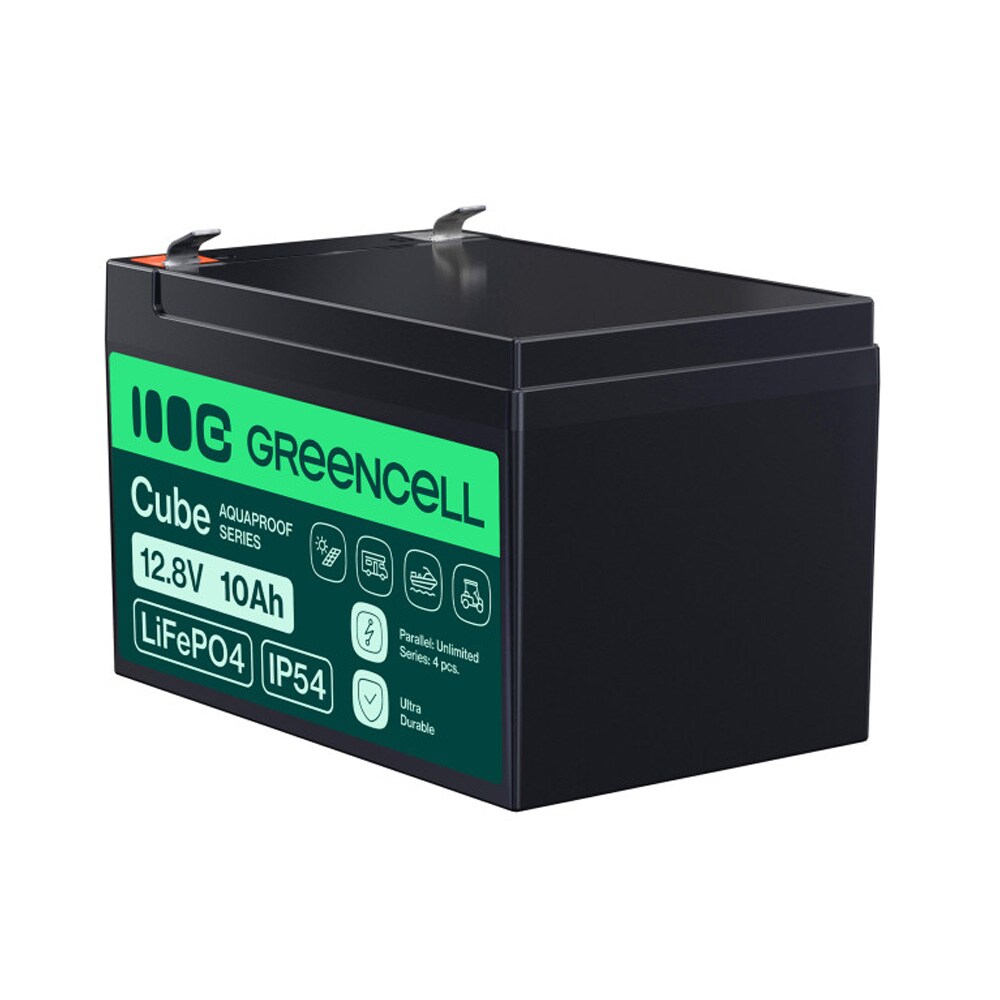 Green Cell CUBE LiFePO4-batteri 12,8 V 10 Ah 128 Wh / litiumjernfosfatbatteri med BMS og IP54