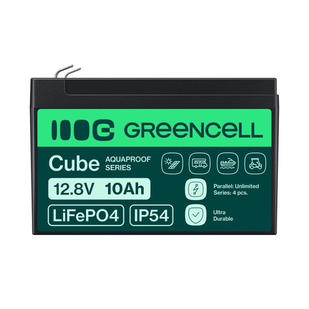 Green Cell CUBE LiFePO4-batteri 12,8 V 10 Ah 128 Wh / litiumjernfosfatbatteri med BMS og IP54