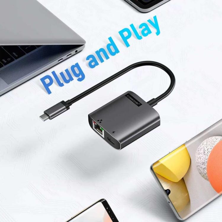 Lemorele TC35 USB-C-hub / USB-C-adapter med Gigabit Ethernet, USB-port og PD-lading – Grå