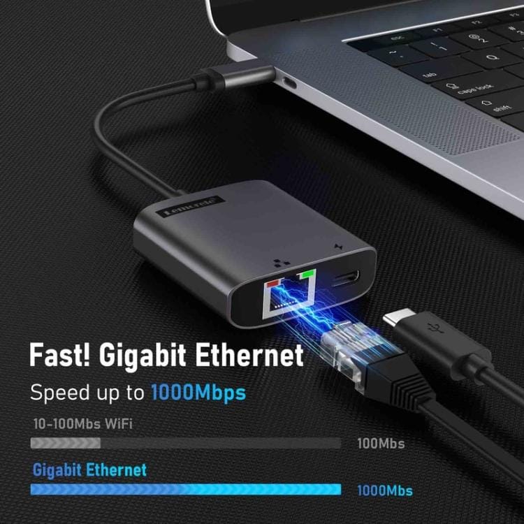 Lemorele TC35 USB-C-hub / USB-C-adapter med Gigabit Ethernet, USB-port og PD-lading – Grå