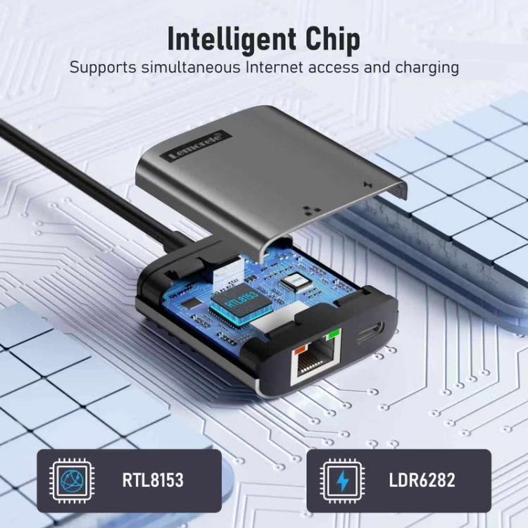 Lemorele TC35 USB-C-hub / USB-C-adapter med Gigabit Ethernet, USB-port og PD-lading – Grå