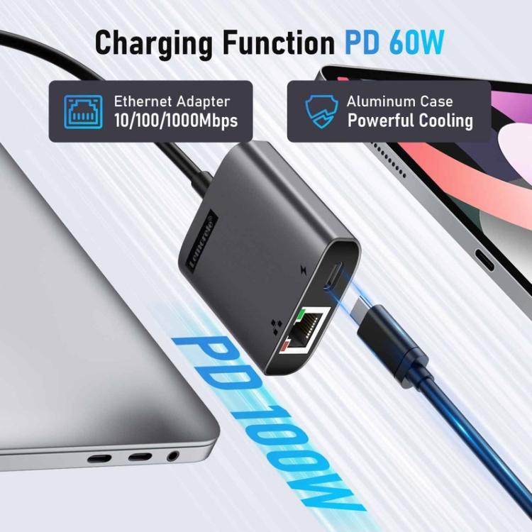 Lemorele TC35 USB-C-hub / USB-C-adapter med Gigabit Ethernet, USB-port og PD-lading – Grå