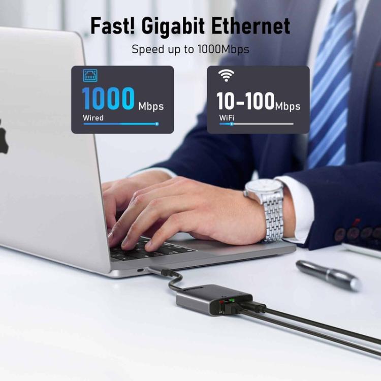 Lemorele TC35 USB-C-hub / USB-C-adapter med Gigabit Ethernet, USB-port og PD-lading – Grå