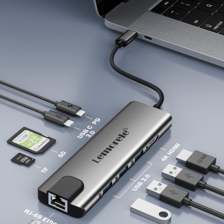 Lemorele TC39 9-i-1 USB-C-dokkingstasjon / USB-C-hub med 4K HDMI, Gigabit Ethernet og 100 W PD-lading