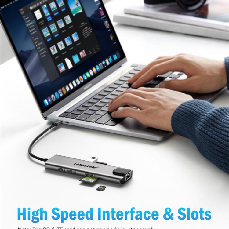 Lemorele TC39 9-i-1 USB-C-dokkingstasjon / USB-C-hub med 4K HDMI, Gigabit Ethernet og 100 W PD-lading