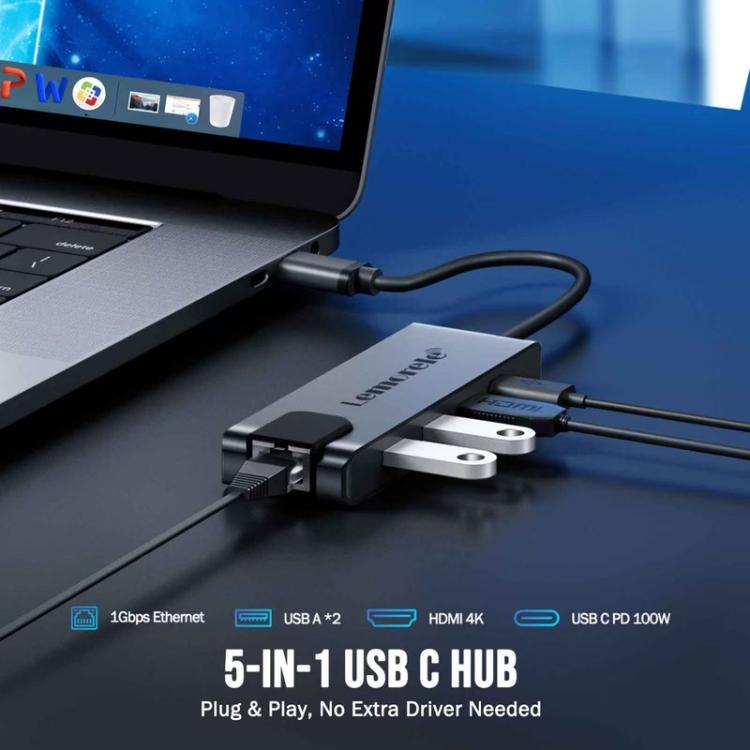 Lemorele TC24L 5-i-1 USB-C-dokkingstasjon / USB-C-hub med 4K HDMI, USB 3.0, USB 2.0 og 100 W PD