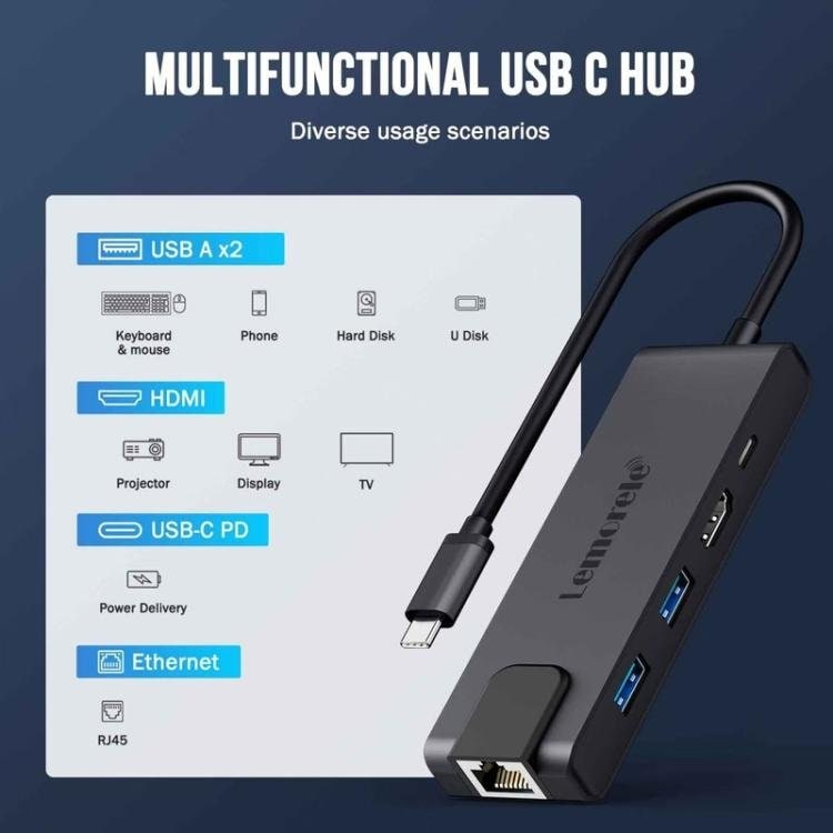Lemorele TC24L 5-i-1 USB-C-dokkingstasjon / USB-C-hub med 4K HDMI, USB 3.0, USB 2.0 og 100 W PD