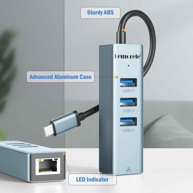 Lemorele USB-C-hub TC43L 4-i-1 med Gigabit Ethernet og USB / USB-C-adapter / Nettverkshub