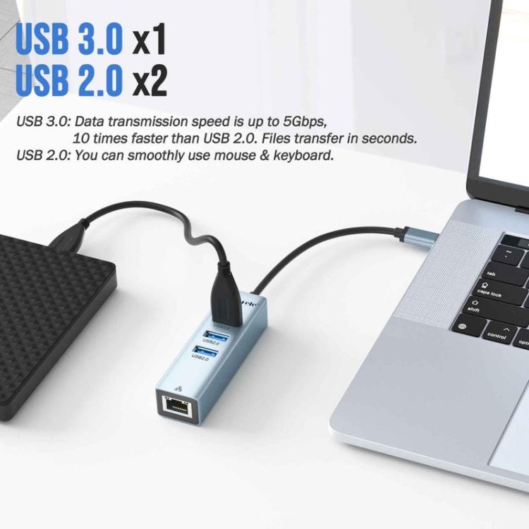 Lemorele USB-C-hub TC43L 4-i-1 med Gigabit Ethernet og USB / USB-C-adapter / Nettverkshub
