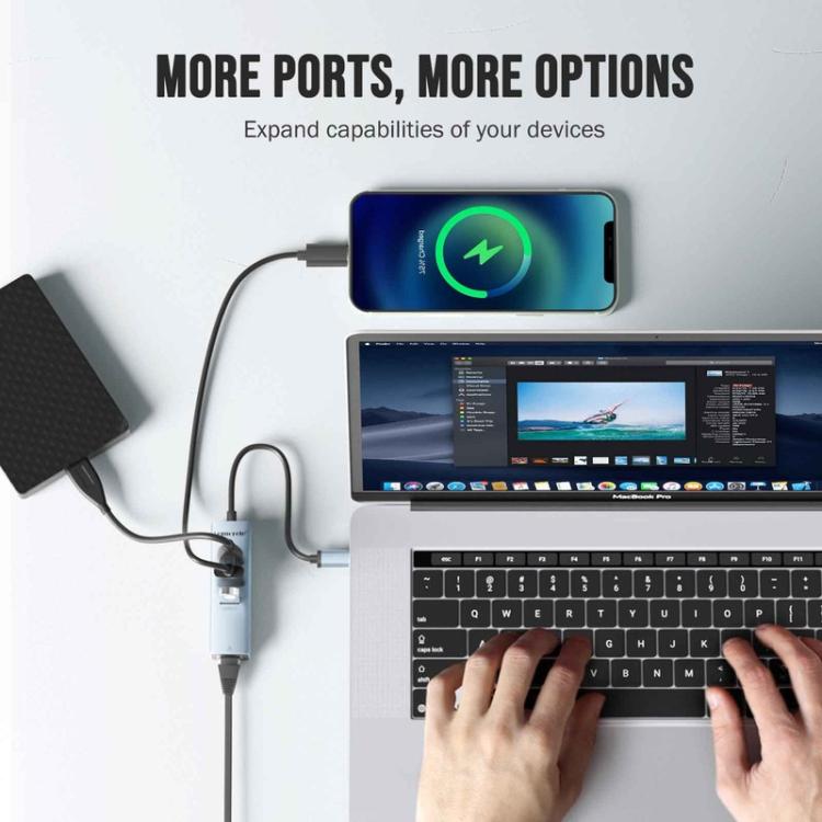 Lemorele USB-C-hub TC43L 4-i-1 med Gigabit Ethernet og USB / USB-C-adapter / Nettverkshub