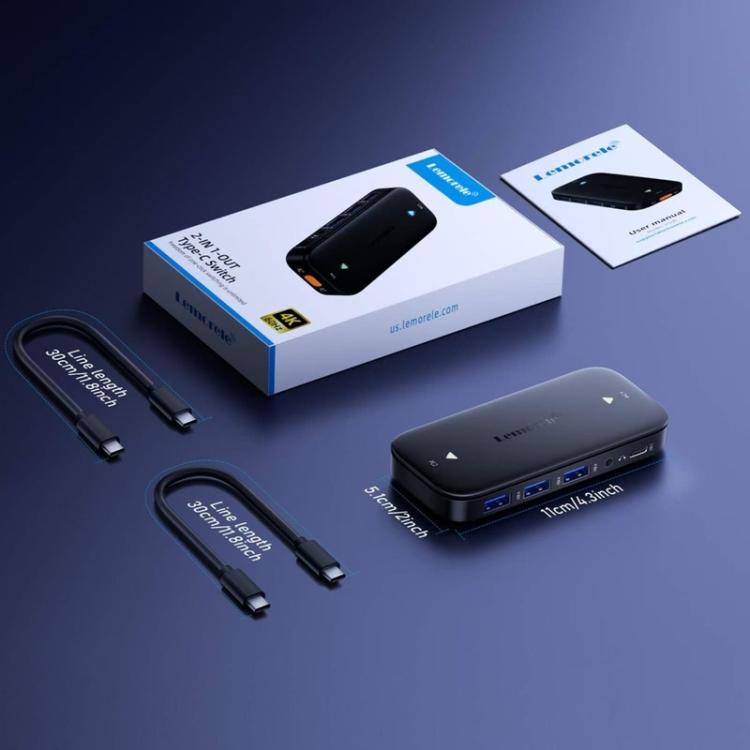 Lemorele KVM-switch H200 USB-C med HDMI 4K 60 Hz og 100 W PD / USB-C-switch / Dataswitch
