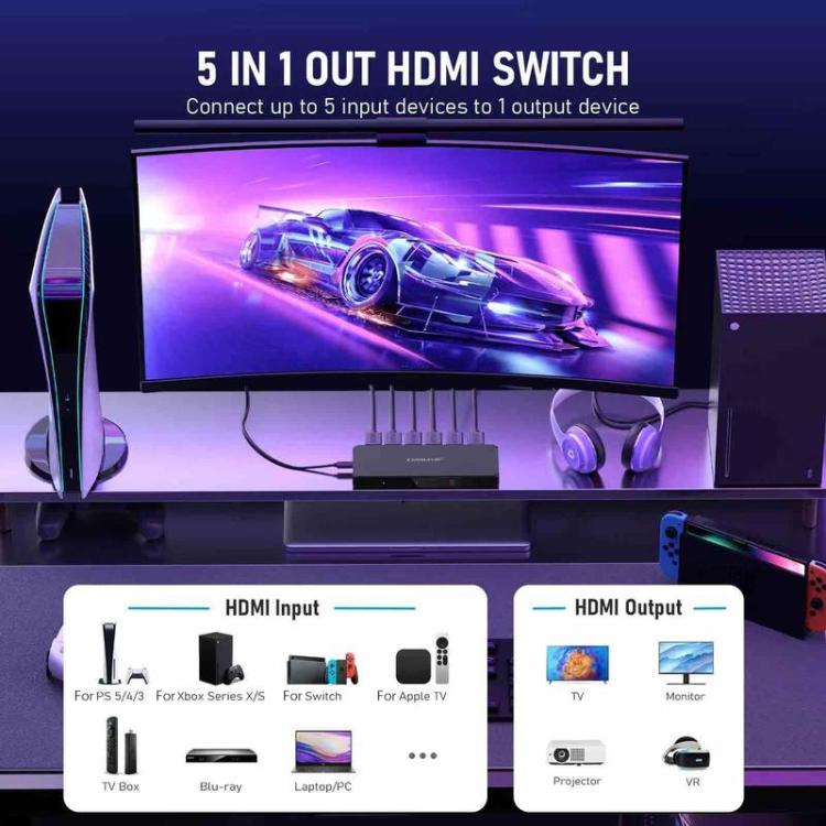 Lemorele HDMI-switch G96 5-inn-1-ut 4K med fjernkontroll / HDMI-switch / 5-ports switch