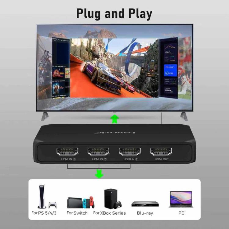 Lemorele HDMI-switch G99 3-in/1-ut 4K 60 Hz med fjernkontroll / HDMI-switch / 3-ports switch