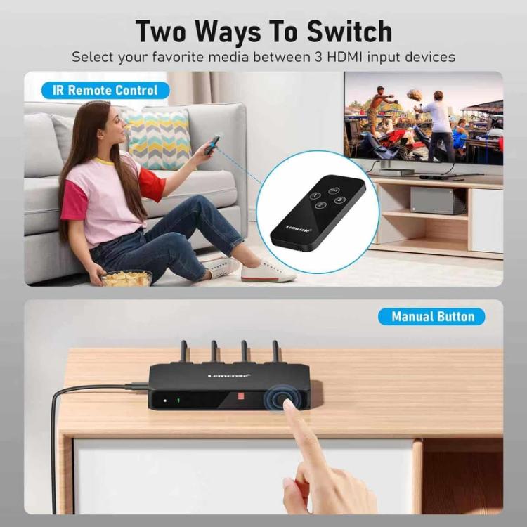 Lemorele HDMI-switch G99 3-in/1-ut 4K 60 Hz med fjernkontroll / HDMI-switch / 3-ports switch