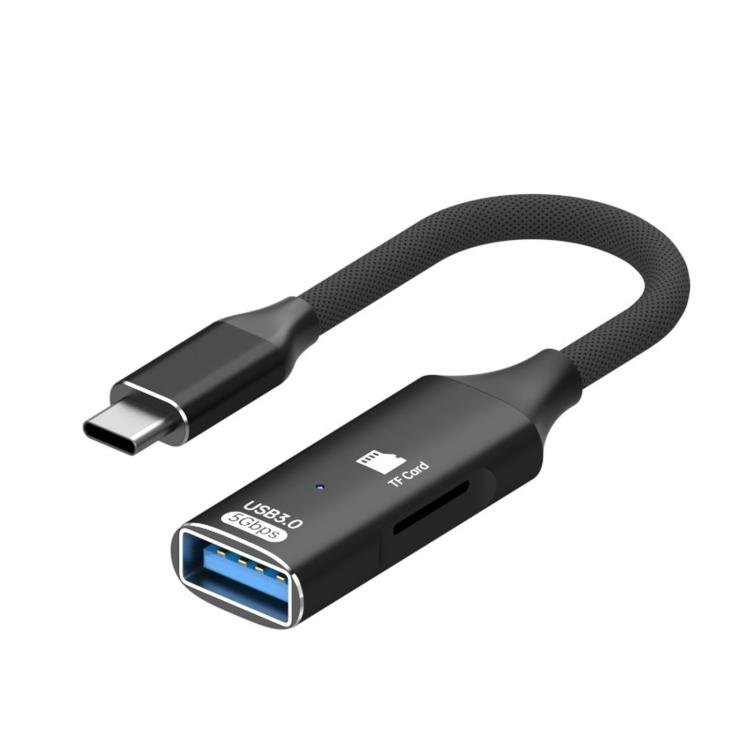 USB-C OTG-adapter med TF/microSD-kortleser og USB 3.0 / filoverføring opptil 5 Gbit/s – Svart