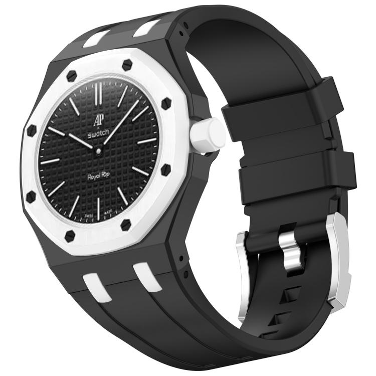 Klokkereim i silikon til Swatch Royal Pop / Audemars Piguet / silikonreim med stiftspenne – Svart/Hvit