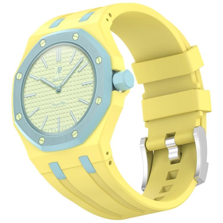 Klokkereim i silikon til Swatch Royal Pop / Audemars Piguet / silikonreim med stiftspenne – Gul/Blå