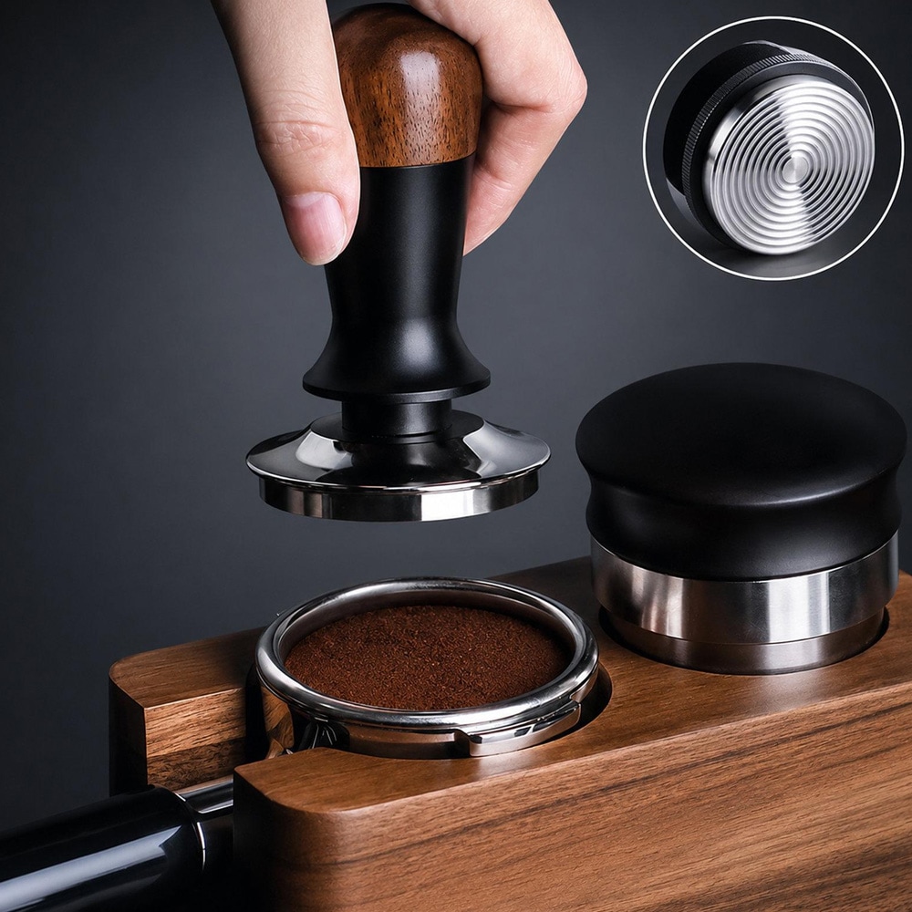 Kaffestamp 58 mm med jevnt trykk og valnøttgrep, gjenget bunn / Espressostamp