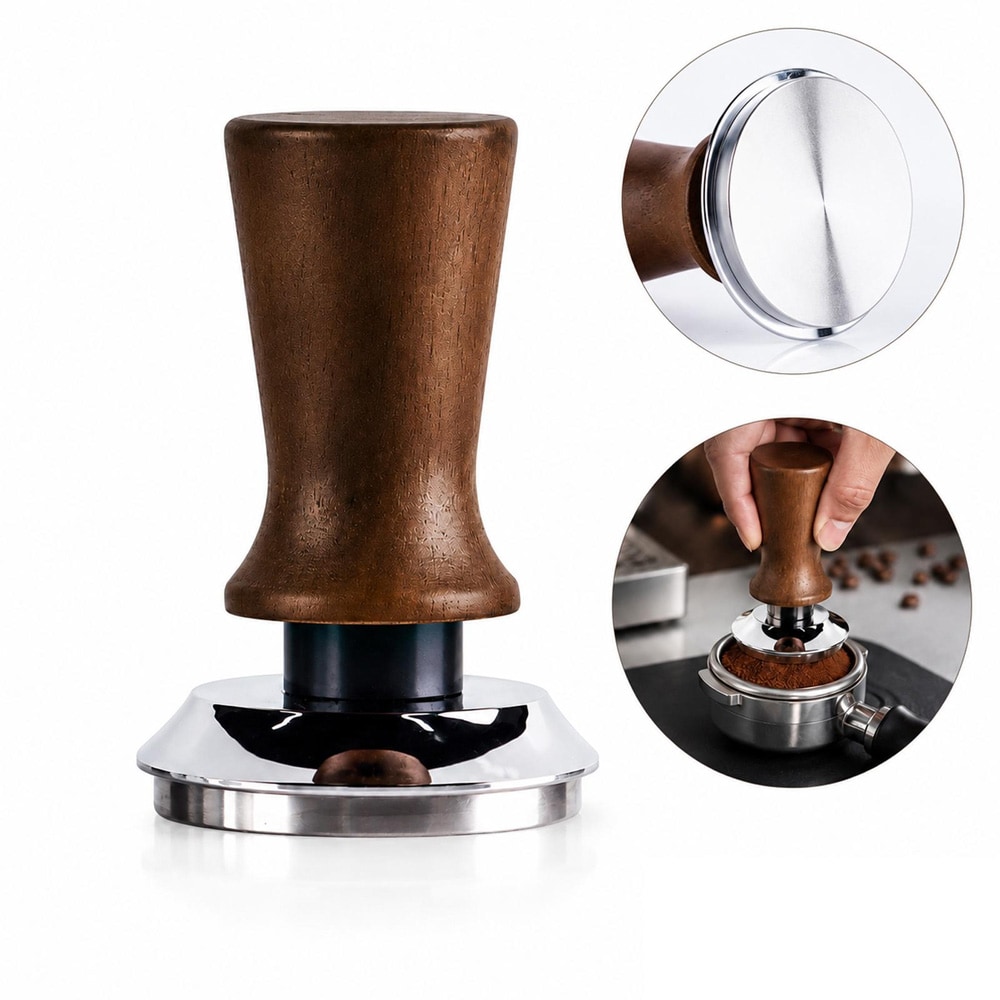 Kaffestamp 53 mm i rustfritt stål med trehåndtak, flat bunn / Espressostamp / Kaffestamp