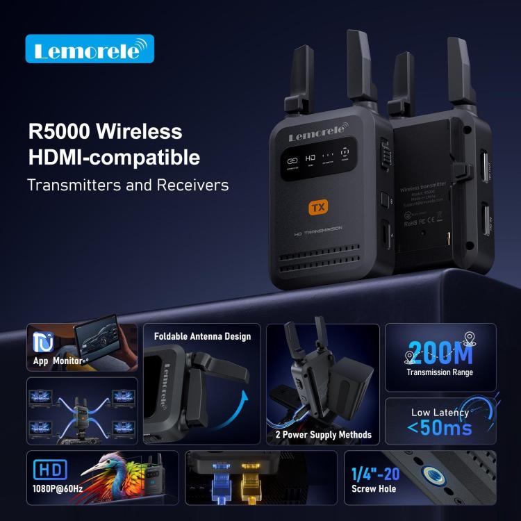 Lemorele R5000 trådløs HDMI-sender / 1080p videosender med HDMI loop out og opptil 200 m rekkevidde