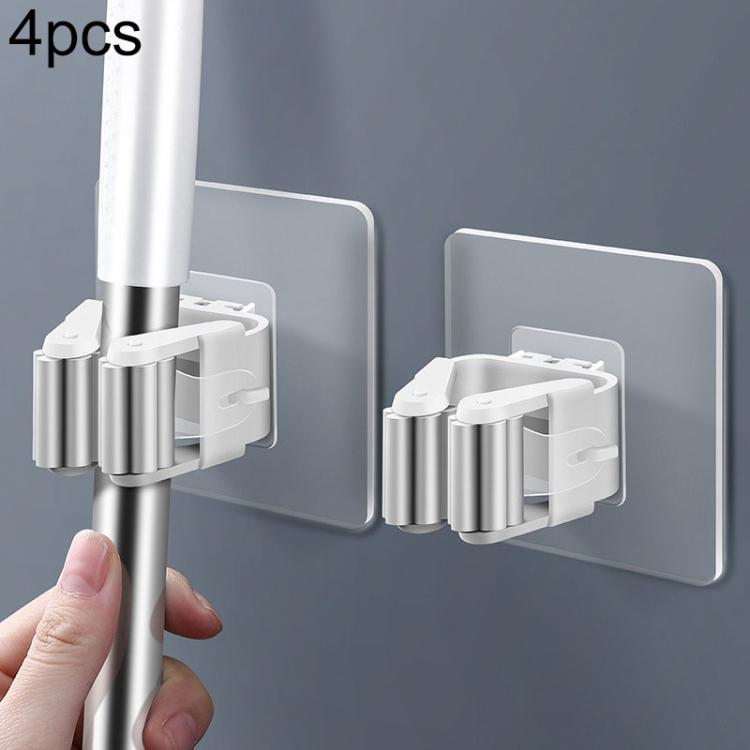 Moppholder med sugekopp, 4-pakning til baderom – Hvit / Veggfeste for mopp / Moppklemme