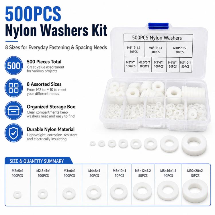 Avstandsskiver i nylon, 500-pakning – Hvit / Nylonskiver / Isoleringsskiver