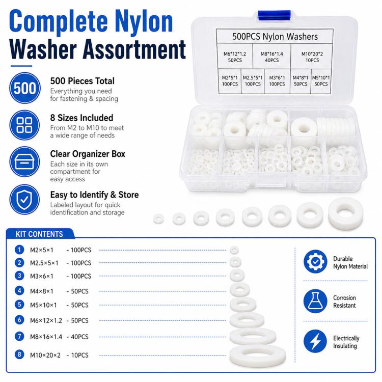 Avstandsskiver i nylon, 500-pakning – Hvit / Nylonskiver / Isoleringsskiver