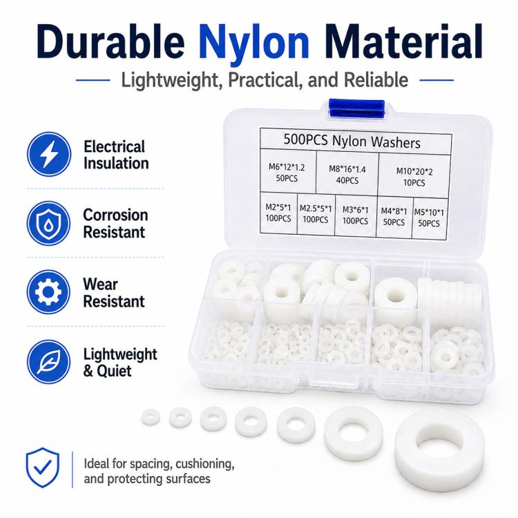 Avstandsskiver i nylon, 500-pakning – Hvit / Nylonskiver / Isoleringsskiver