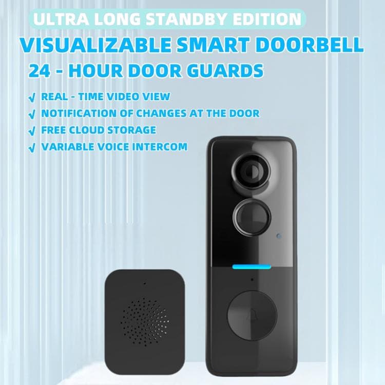 Smart dørklokke med kamera / solcellepanel, PIR-sensor, toveiskommunikasjon og mottaker