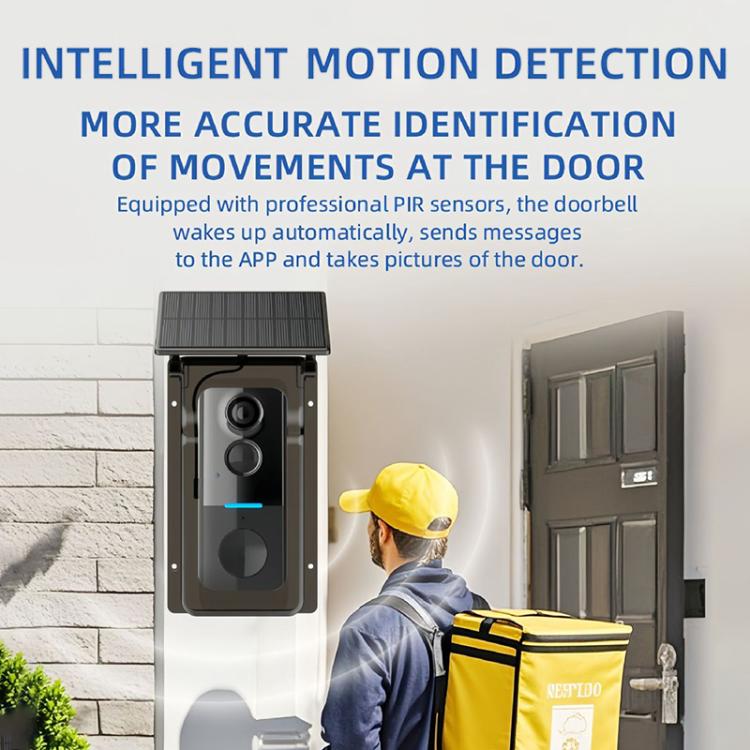 Smart dørklokke med kamera / solcellepanel, PIR-sensor, toveiskommunikasjon og mottaker
