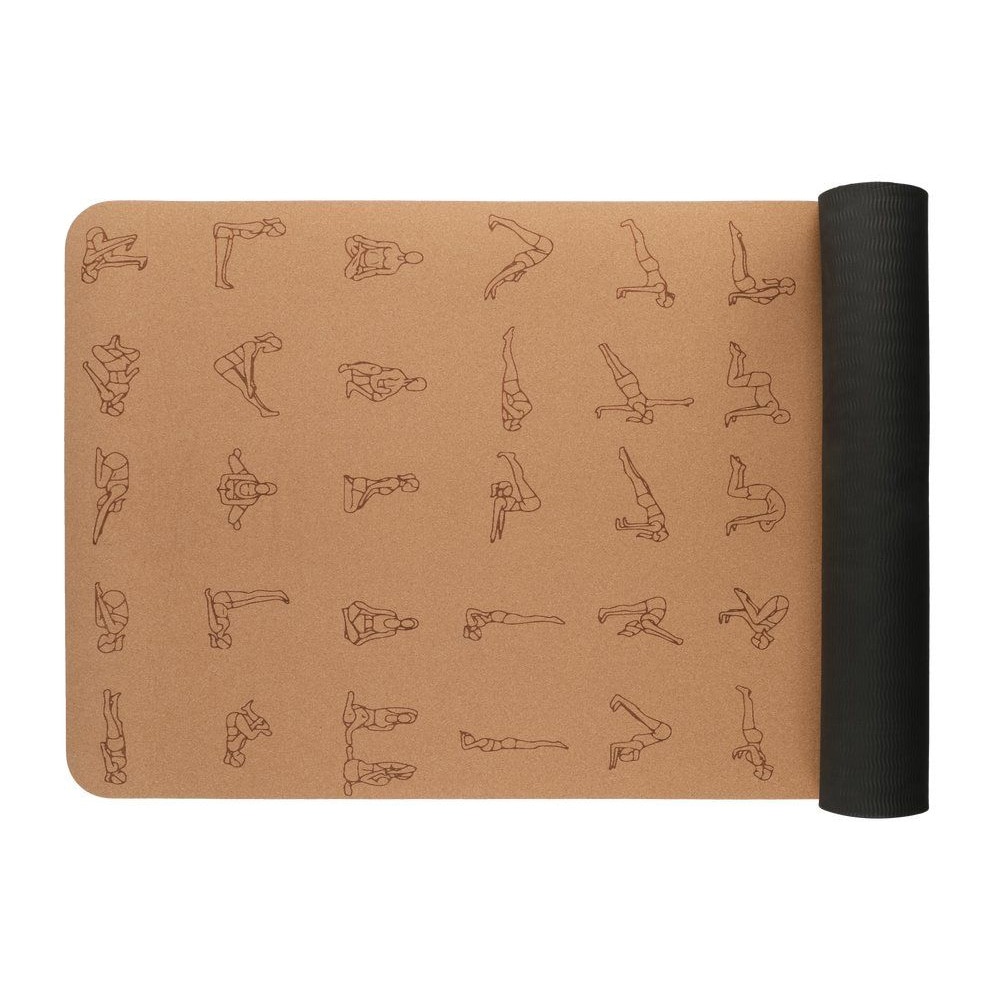 Yogamatte og bæreveske / Treningsmatte med kork / Yogamatte med illustrerte stillinger