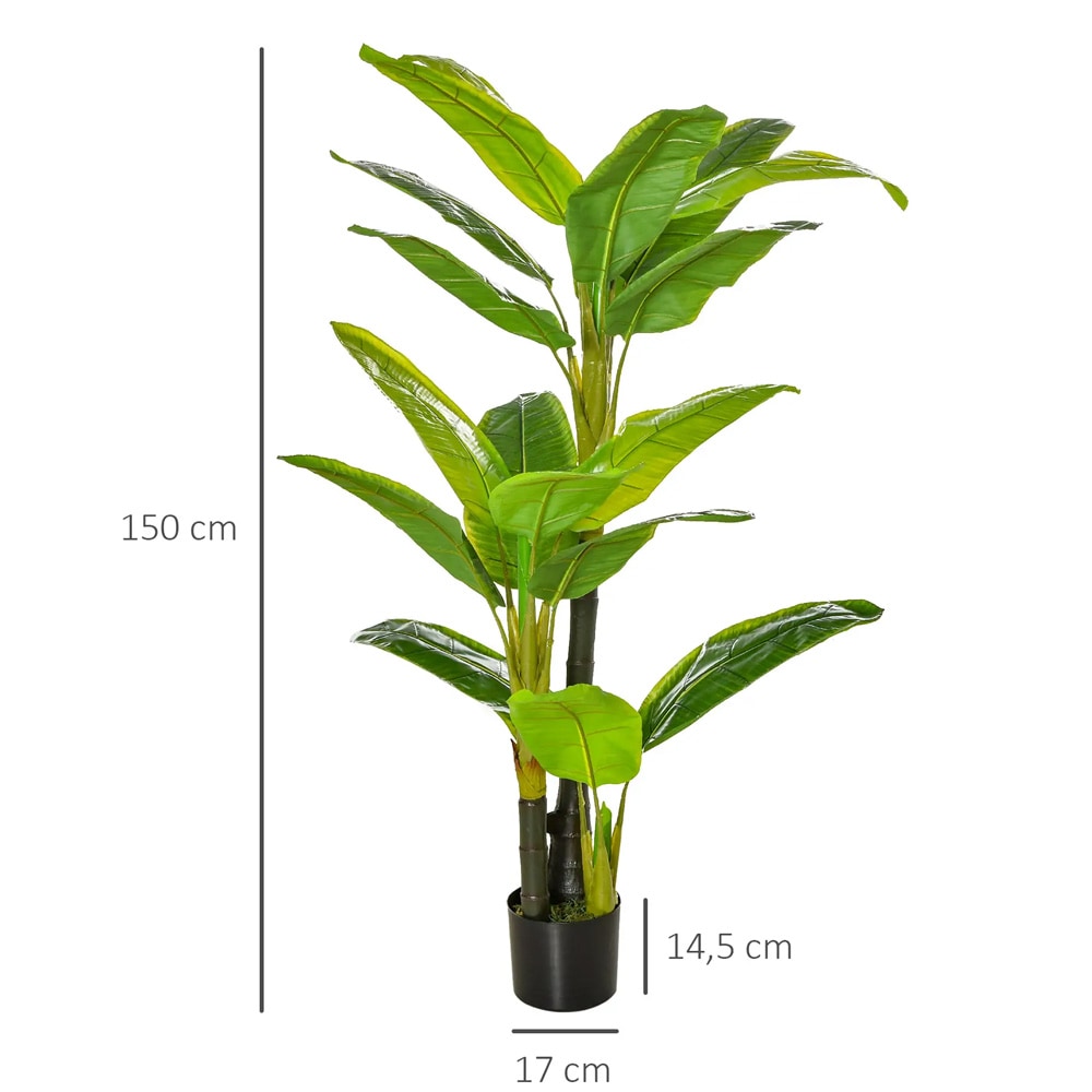 Kunstig bananplante 150 cm / kunstplante med 18 blader og potte / dekorasjonsplante – Grønn
