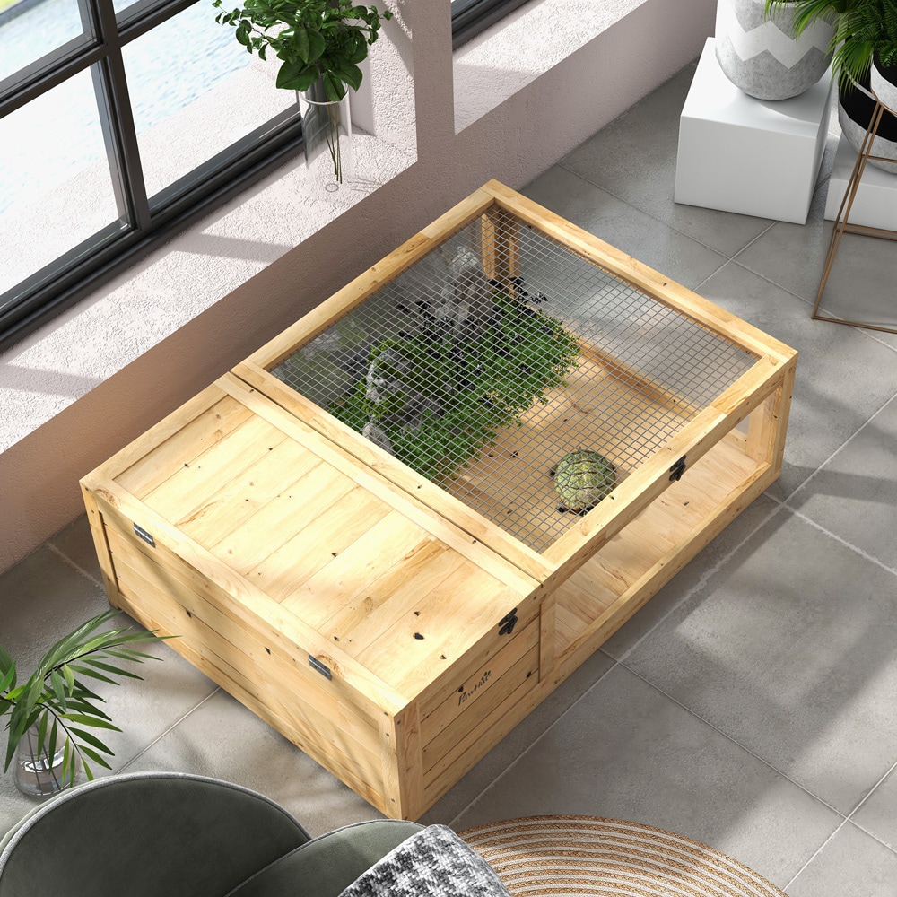 Skilpaddehus i tre 91×60,5×32 cm / skilpaddeinnhegning med hvileområde og åpningsbare lokk – Natur
