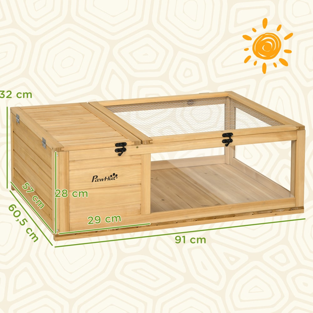 Skilpaddehus i tre 91×60,5×32 cm / skilpaddeinnhegning med hvileområde og åpningsbare lokk – Natur