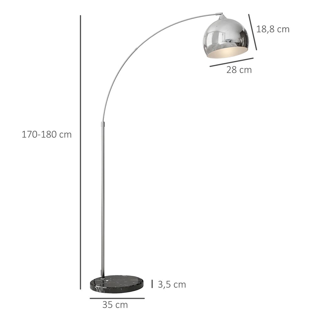 Gulvlampe bue 170–180 cm / lampe med justerbar høyde, marmorfot og fotbryter – Sølv/Svart