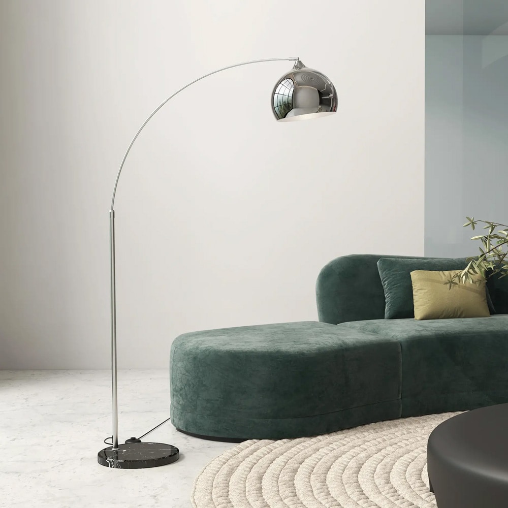 Gulvlampe bue 170–180 cm / lampe med justerbar høyde, marmorfot og fotbryter – Sølv/Svart