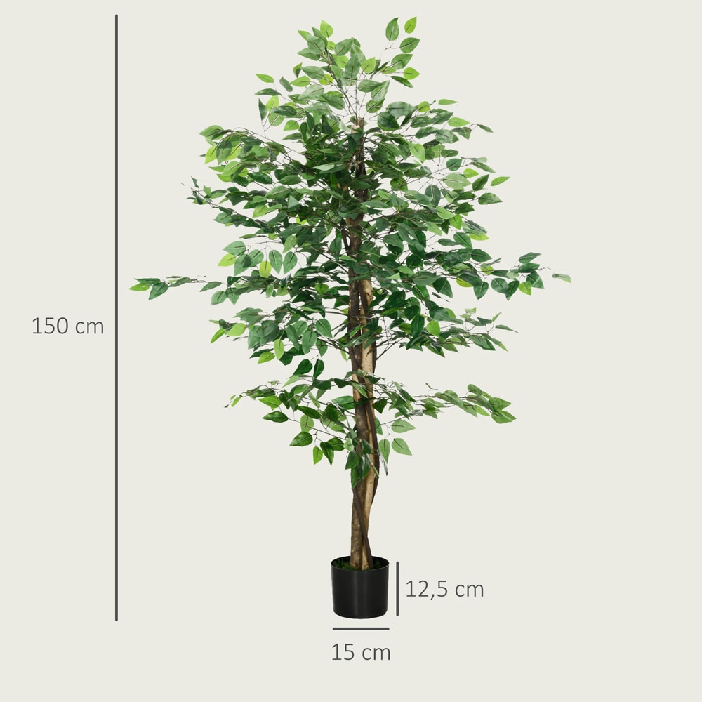 Kunstig fikus 150 cm / fikustre med 882 blader og potte / dekorasjonsplante – Grønn