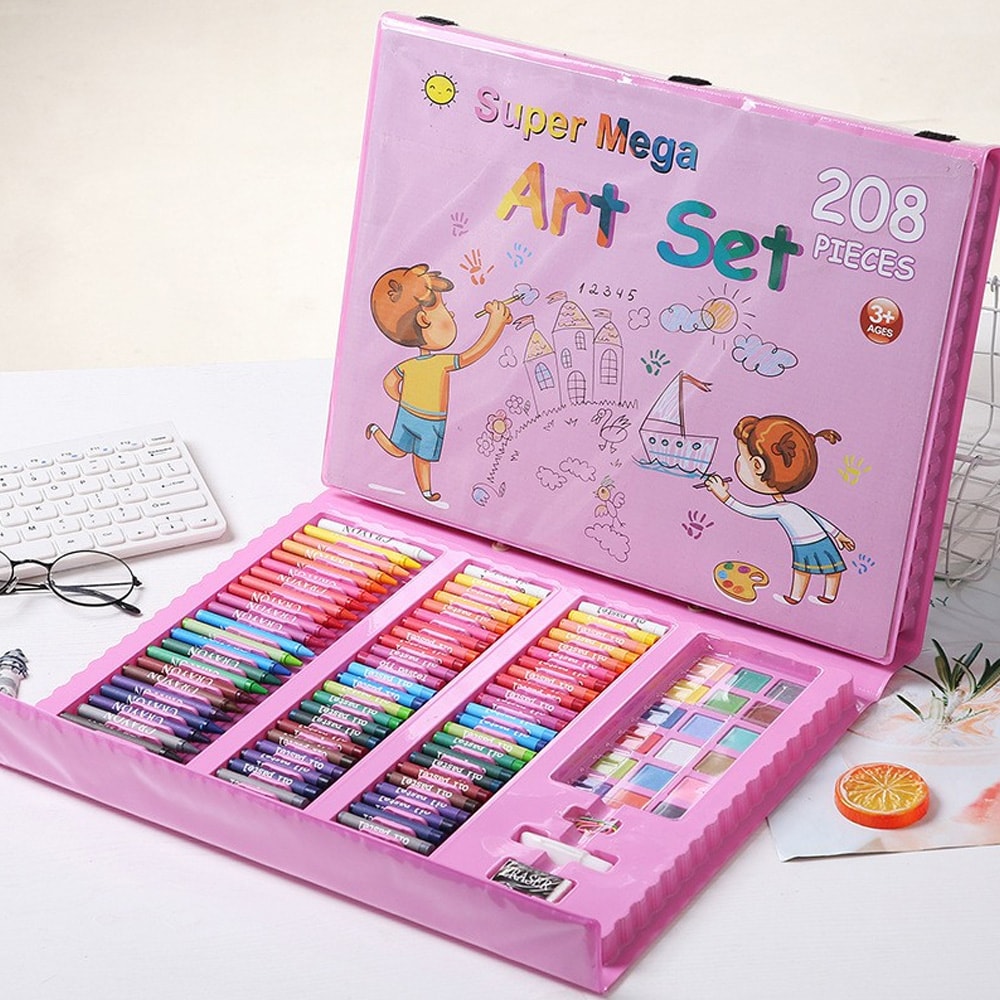 Malesett med 208 deler / Komplett kunstnersett med staffeli / Kreativt tegne- og håndverkssett for barn
