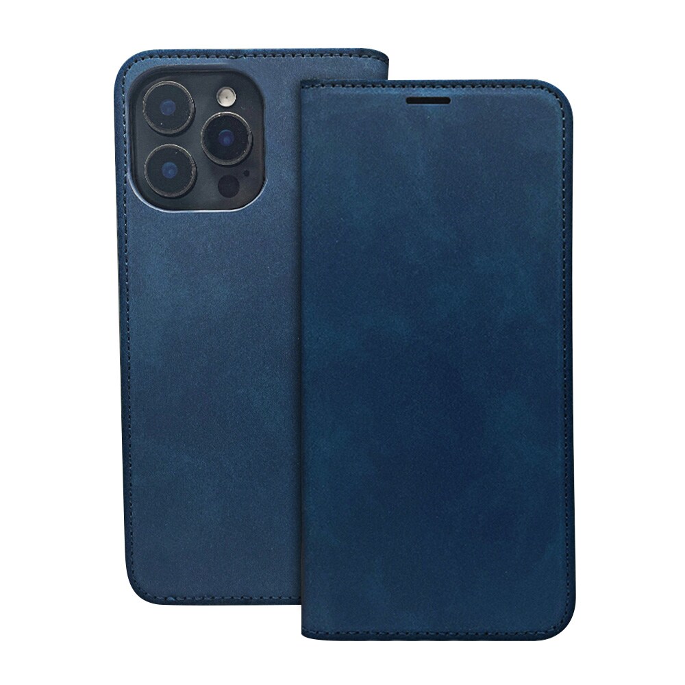 Smart Suede-etui til iPhone 17/18 Pro – Blå / Lommeboketui / Sammenleggbart mobiletui