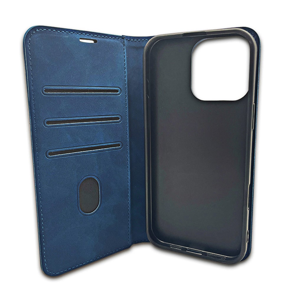 Smart Suede-etui til iPhone 17–18 Pro Max – Blå – Lommeboketui – Sammenleggbart mobiletui