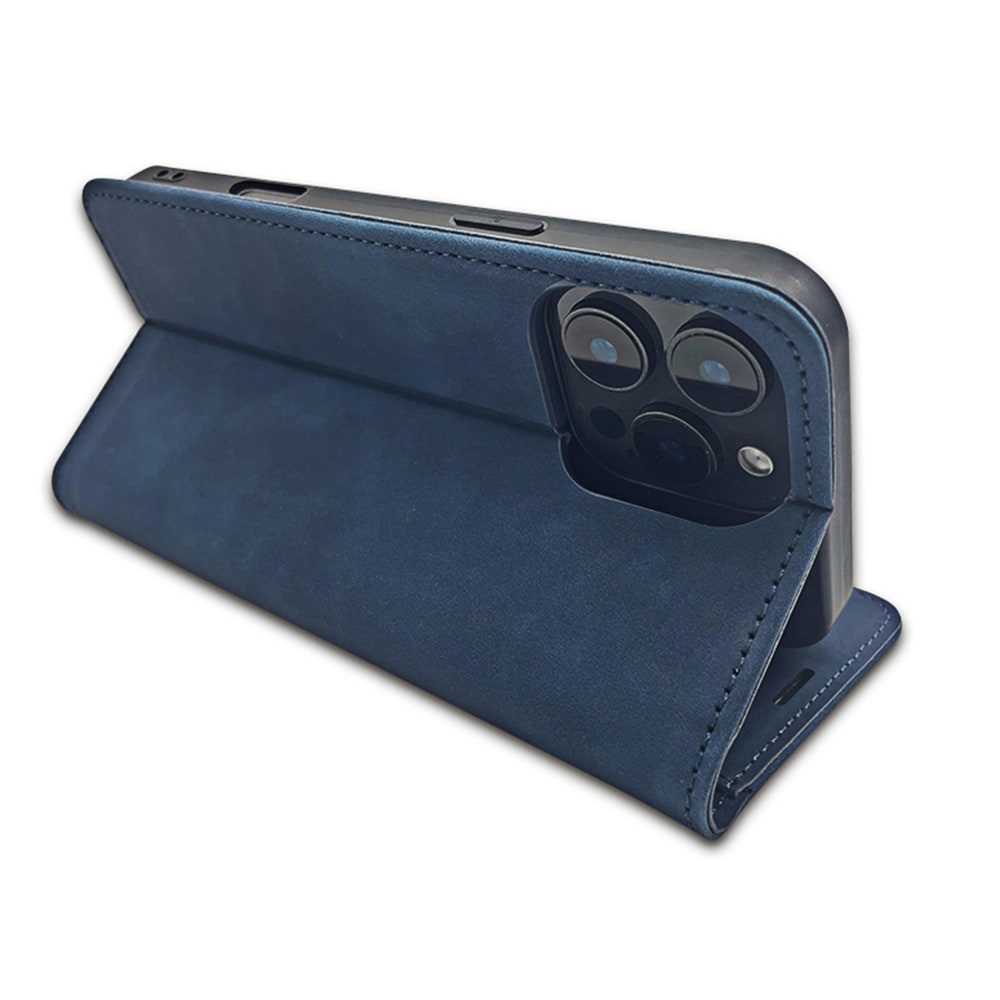 Smart Suede-etui til iPhone 17–18 Pro Max – Blå – Lommeboketui – Sammenleggbart mobiletui