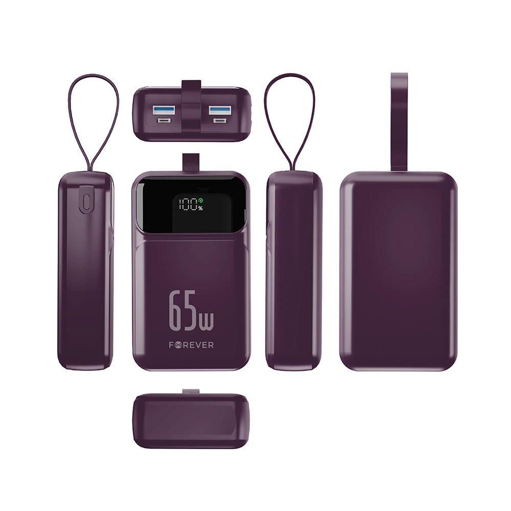 Forever Vibe Powerbank PD QC 65 W 20 000 mAh – Mørk kirsebær / Laptop-lader / Ekstra batteri