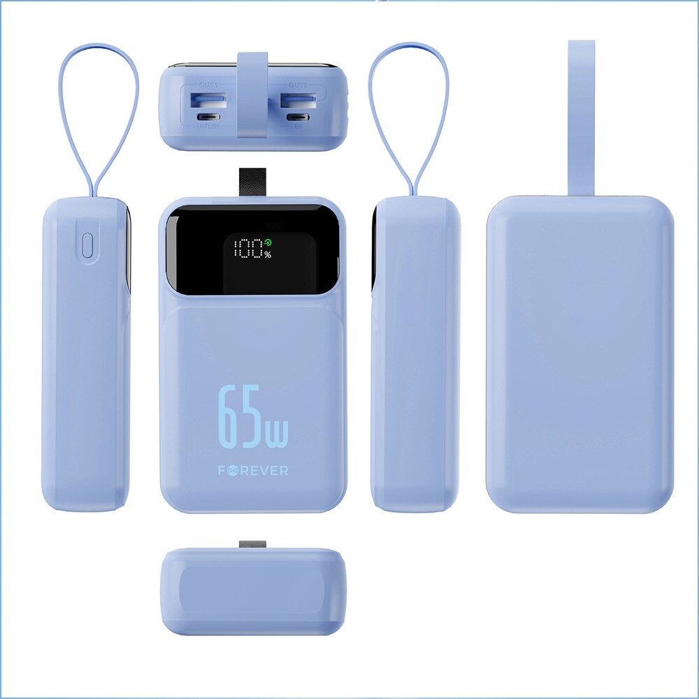 Forever Vibe Powerbank PD QC 65 W 20 000 mAh – Blå / Laptop-lader / Ekstra batteri